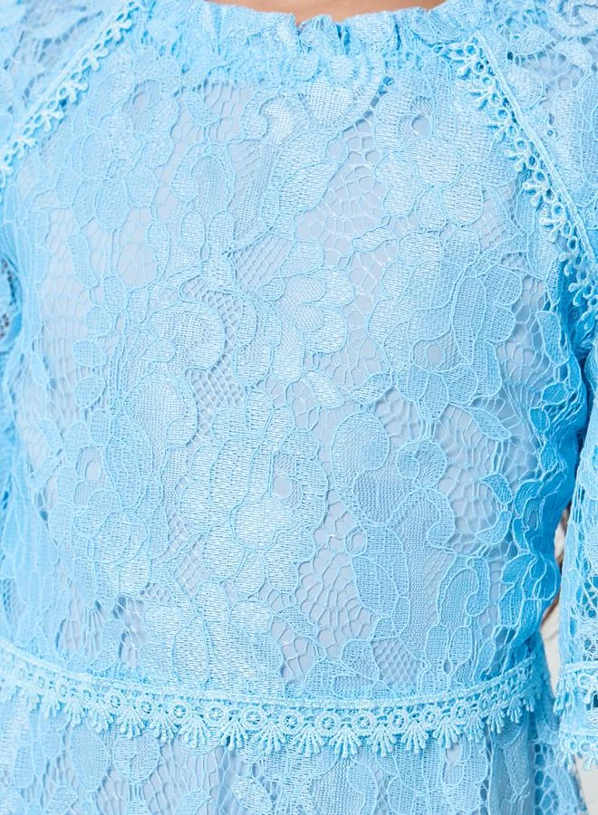 Styli Girls Blue Lace Flute Sleeve Knee-Length Dress